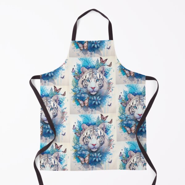 Item preview, White tiger in blue watercolor florals, flowers and watercolour butterflies  designed and sold by navitalidesign.