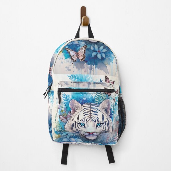 Item preview, White tiger in blue watercolor florals, flowers and watercolour butterflies designed and sold by navitalidesign.