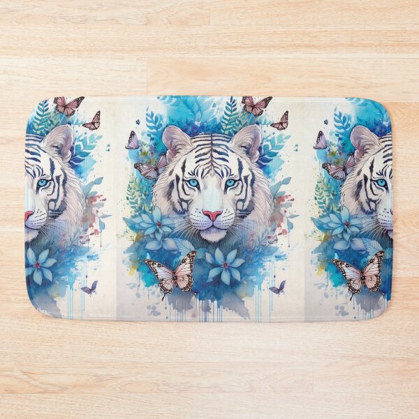 Item preview, White tiger in blue watercolor florals, flowers and watercolour butterflies  designed and sold by navitalidesign.