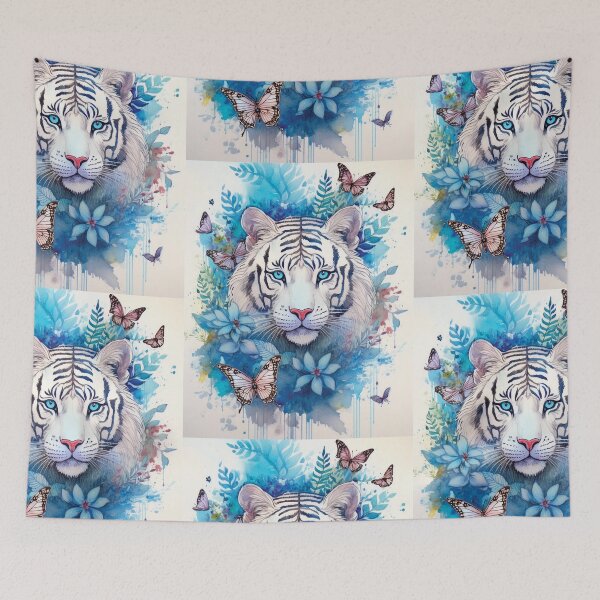Item preview, White tiger in blue watercolor florals, flowers and watercolour butterflies  designed and sold by navitalidesign.