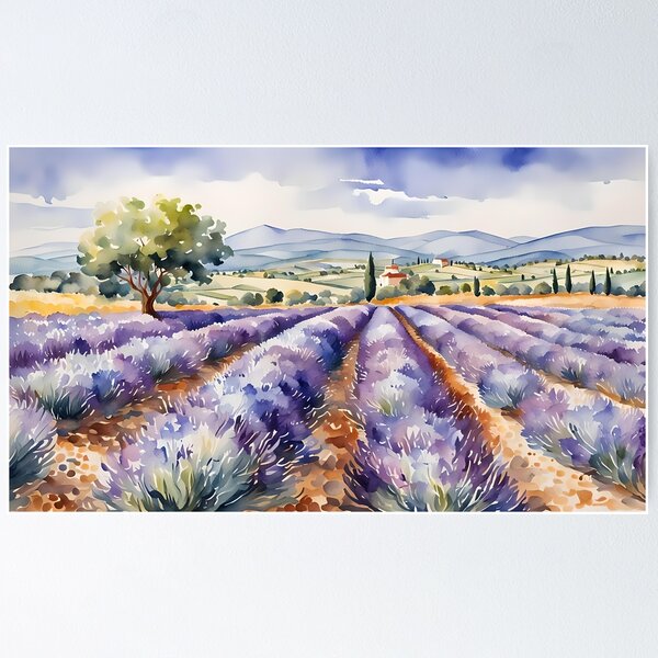Lavender Field in Provence, France - Watercolour Style Poster