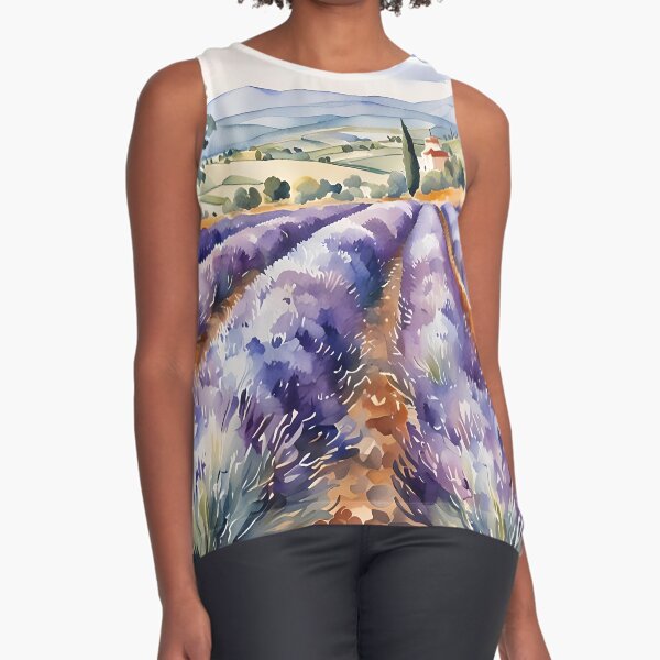 Lavender Field in Provence, France - Watercolour Style Sleeveless Top