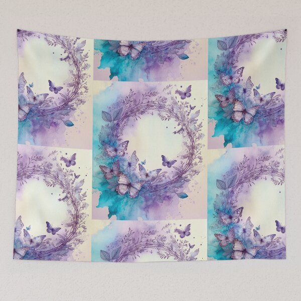 Item preview, Circle wreath in watercolor florals, flowers and watercolour butterflies, purple and blue  designed and sold by navitalidesign.