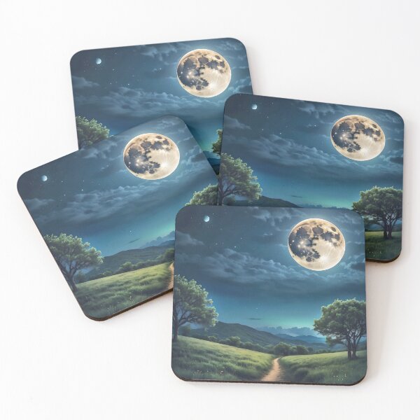 Item preview, Night sky with big moon and green landscape designed and sold by Moonde04.