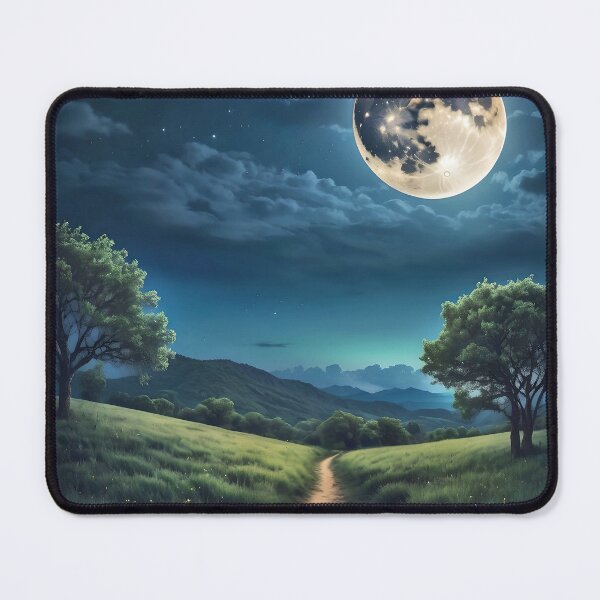 Item preview, Night sky with big moon and green landscape designed and sold by Moonde04.