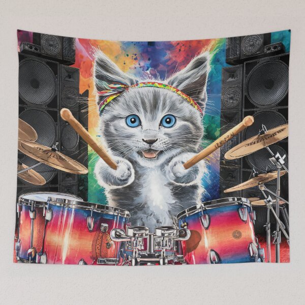 Item preview, A Cute Gray Kitten Playing Drums designed and sold by pixelplaza.