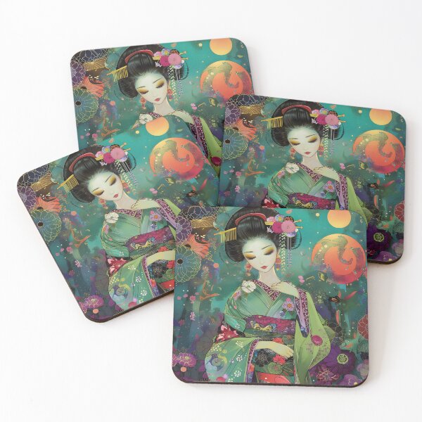 Item preview, Vibrant geisha in traditional attire with floral scene designed and sold by Artessie.