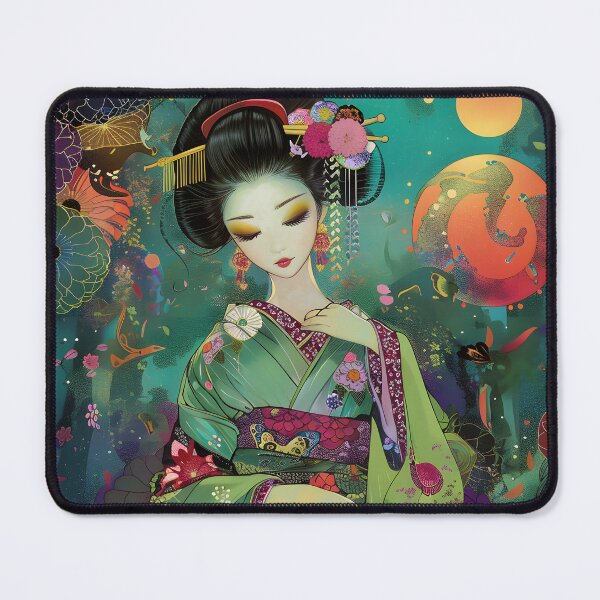 Item preview, Vibrant geisha in traditional attire with floral scene designed and sold by Artessie.