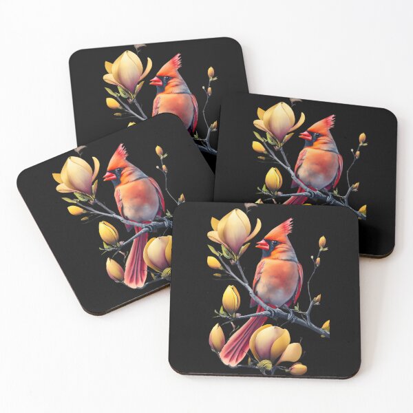 Item preview, Cardinal bird on yellow magnolia tree branch with flowers designed and sold by Ann Miu Deluxe.