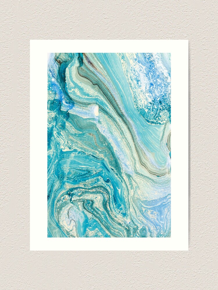 Abstract Acrylic Marble Paint Pattern Texture #1 - Blue, Gold Art Print