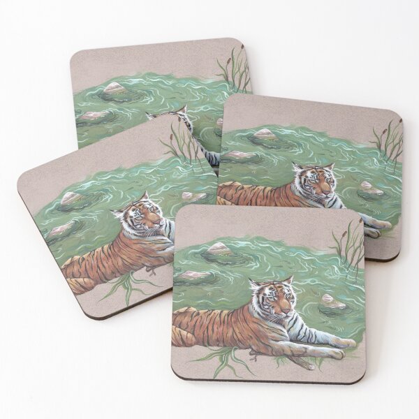 Item preview, Tiger in front of the lake - illustration with gouache designed and sold by Munaalunaa.