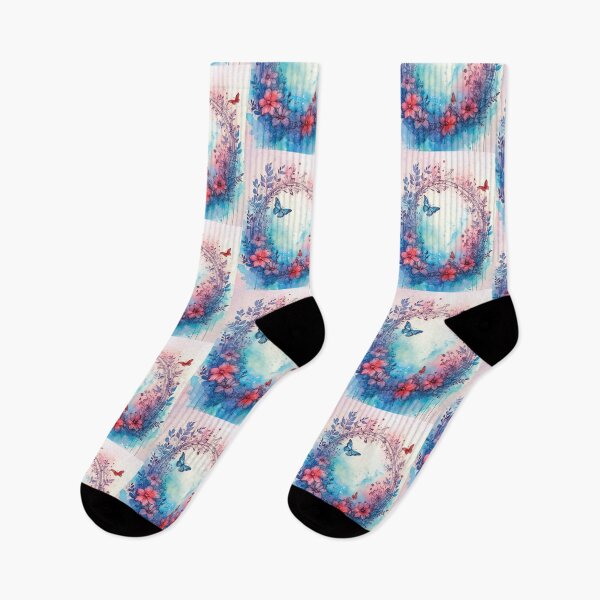 Artikelvorschau, Kreiskranz mit Aquarellblumen, Blumen und Aquarellschmetterlingen, rosa und blau entworfen und verkauft von navitalidesign.