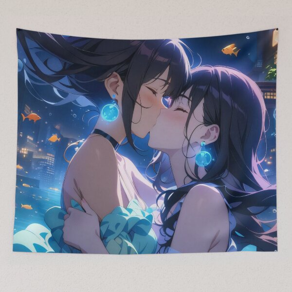 Item preview, Anime Girls Kissing in Underwater City designed and sold by ByteyCreatives.