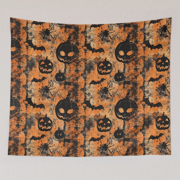 Item preview, Grunge Halloween Pumpkins, Spiders and Bats on Orange Background designed and sold by AgathaZolastore.