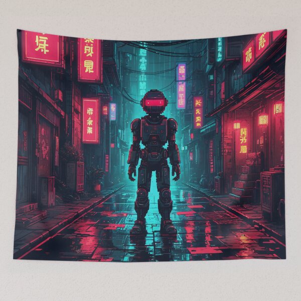 Item preview, Robot in traditional cyberpunk street designed and sold by AIExtinctionist.