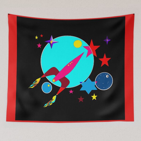 Item preview, A Red and Pink Rocket Ship with Flames, Multi-Colored Stars designed and sold by judy snyder.