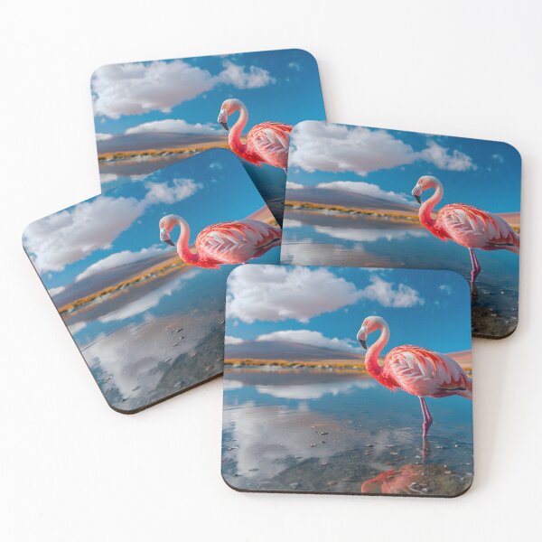 Item preview, Flamingo stands in reflecting blue lake, bright sky above designed and sold by Artessie.