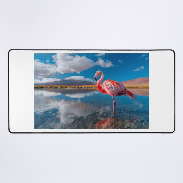 Item preview, Flamingo stands in reflecting blue lake, bright sky above designed and sold by Artessie.