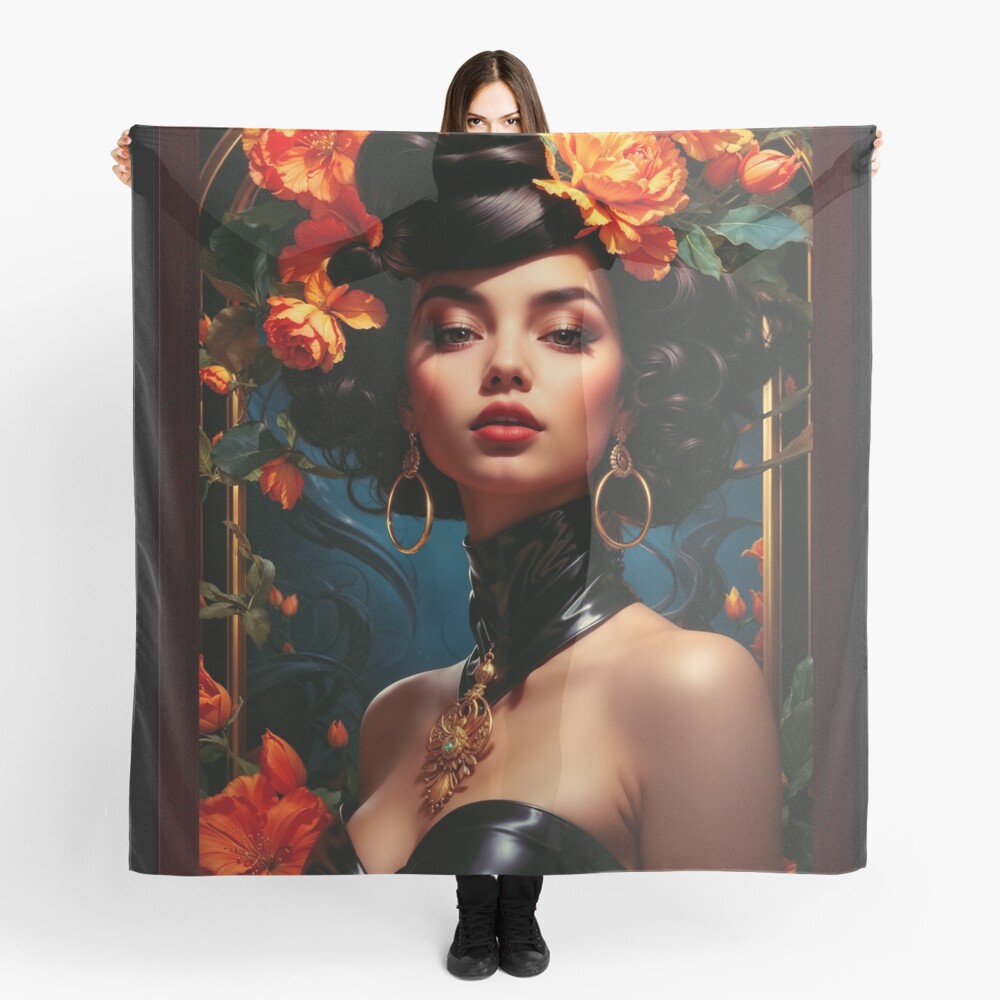 She Has Your Attention Now Pop Surrealism Portraiture Captivating AI Concept Art by Xzendor7 Decorative Art Print Ladies Scarf