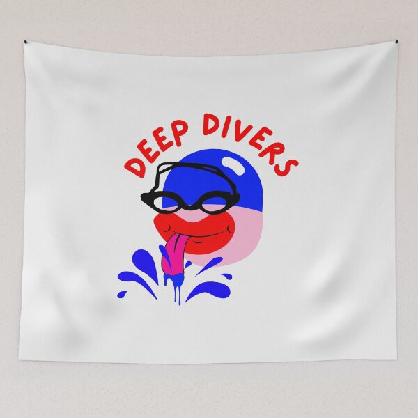 Item preview, Deep Diver with Black Goggles and Blue Swimming Cap. Red Bold Text designed and sold by DirtySports.