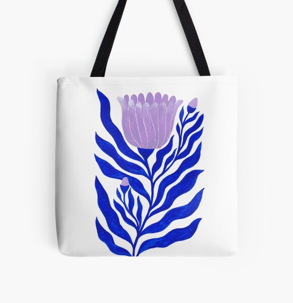 indigo blue & lilac flower illustration All Over Print Tote Bag