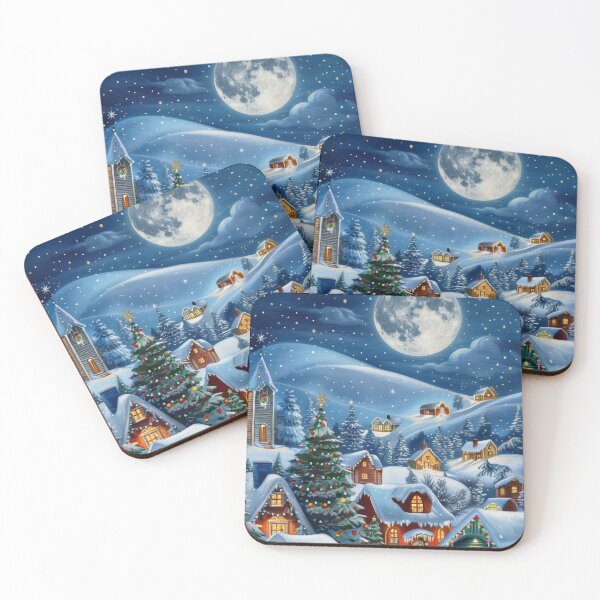 Item preview, Snowy Mountain Town at Night Painting designed and sold by MargaretWiktor.