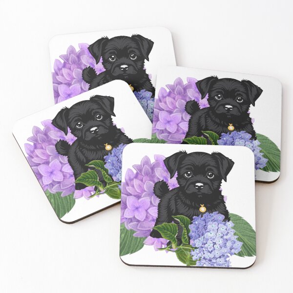Item preview, black cute dog in purple flowers designed and sold by Rainbow Paws Garden.