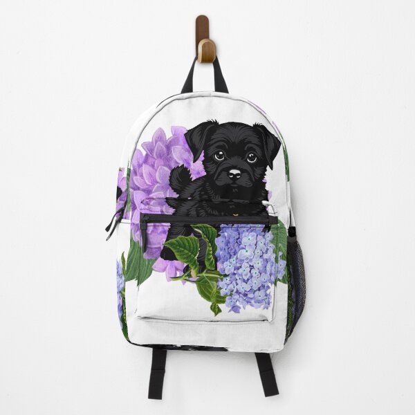 Item preview, black cute dog in purple flowers designed and sold by Rainbow Paws Garden.
