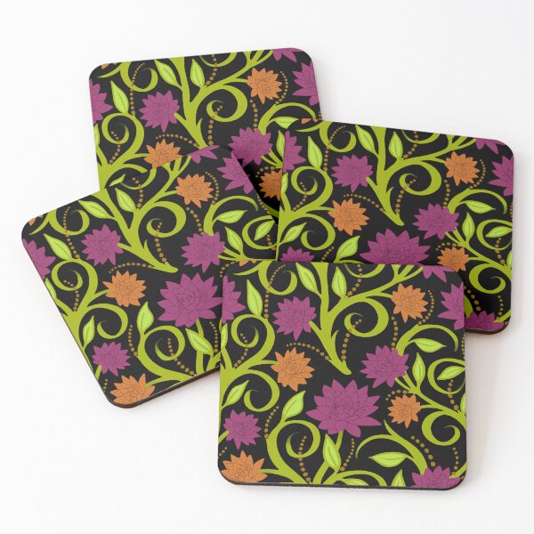 Item preview, Swirly leaves vines and flowers on black background designed and sold by MarySchwindt.