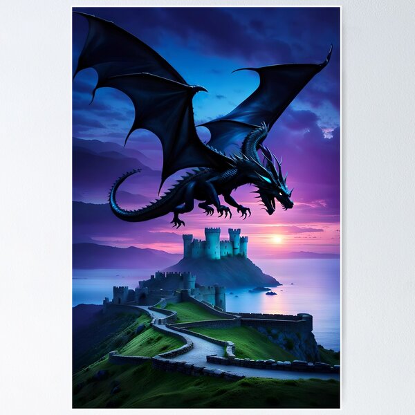 Black Dragon Flying Over Castle at Sunset Poster