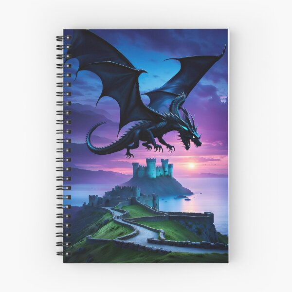 Aperçu de l'œuvre Dragon noir survolant le château au coucher du soleil créée et vendue par AuroraSpringer.