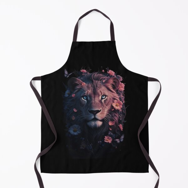 Aperçu de l'œuvre portrait très détaillé et vibrant d'une tête de lion ornée de fleurs et de papillons sur un fond sombre, créant un contraste saisissant. créée et vendue par macadolie.