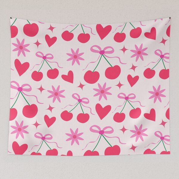 Item preview, Red Cherries with Pink Bows, Hearts and Flowers  designed and sold by Yasminepatterns .
