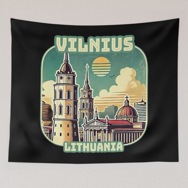 Item preview, Vintage retro Architectural landscape skyline of Vilnius Lithuania. Beautiful travel design. designed and sold by Unitepeople.