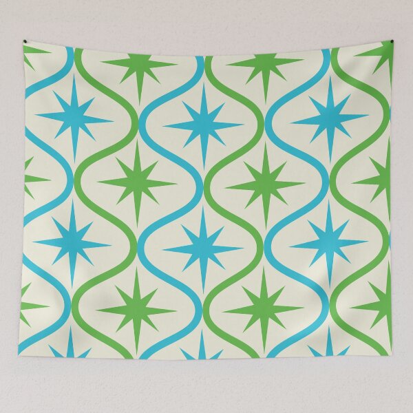 Item preview,  Mid century Modern Green and Blue Retro Starbursts on Ogee Pattern  designed and sold by Yasminepatterns .