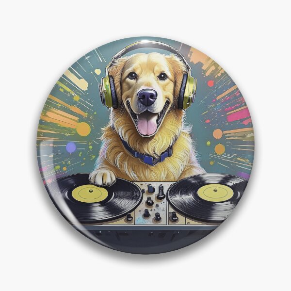 Item preview, golden retriever dog DJ wearing head phones spinning discs at a sound table designed and sold by planetgolden.