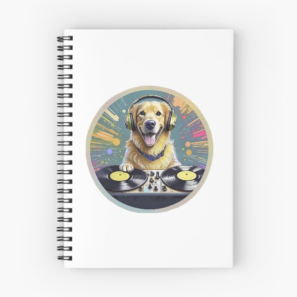 Item preview, golden retriever dog DJ wearing head phones spinning discs at a sound table designed and sold by planetgolden.