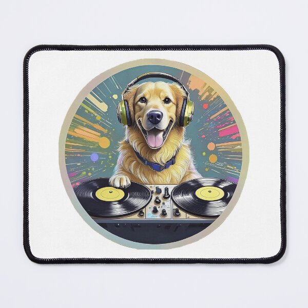 Item preview, golden retriever dog DJ wearing head phones spinning discs at a sound table designed and sold by planetgolden.