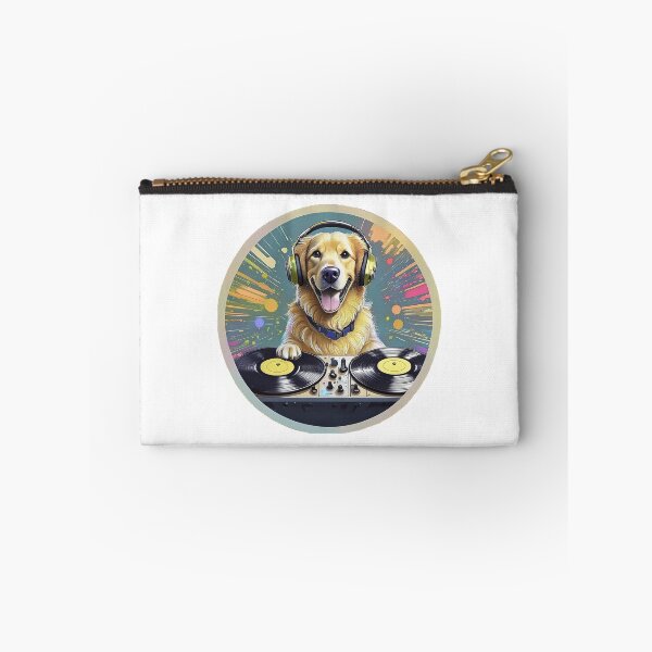 Item preview, golden retriever dog DJ wearing head phones spinning discs at a sound table designed and sold by planetgolden.