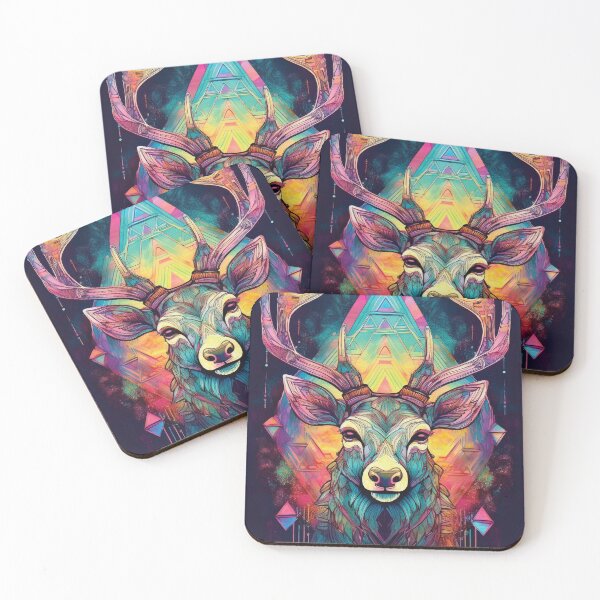 Item preview, Deer head in geometric patterns in multicolour on black background  designed and sold by navitalidesign.