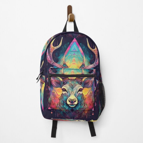 Item preview, Deer head in geometric patterns in multicolour on black background  designed and sold by navitalidesign.