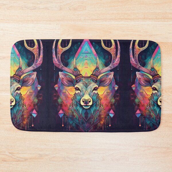 Item preview, Deer head in geometric patterns in multicolour on black background  designed and sold by navitalidesign.