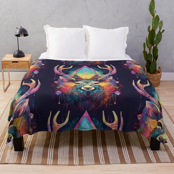 Item preview, Deer head in geometric patterns in multicolour on black background  designed and sold by navitalidesign.