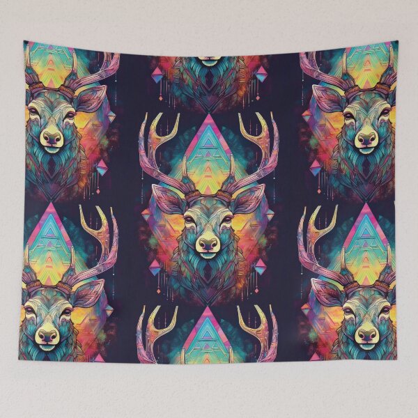 Item preview, Deer head in geometric patterns in multicolour on black background  designed and sold by navitalidesign.