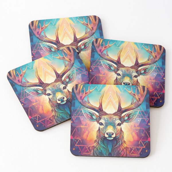Item preview, Deer head in geometric patterns in multicolour on black background 2 designed and sold by navitalidesign.