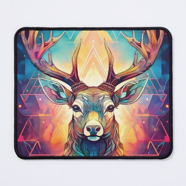 Item preview, Deer head in geometric patterns in multicolour on black background 2 designed and sold by navitalidesign.
