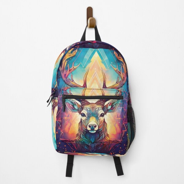 Item preview, Deer head in geometric patterns in multicolour on black background 2 designed and sold by navitalidesign.