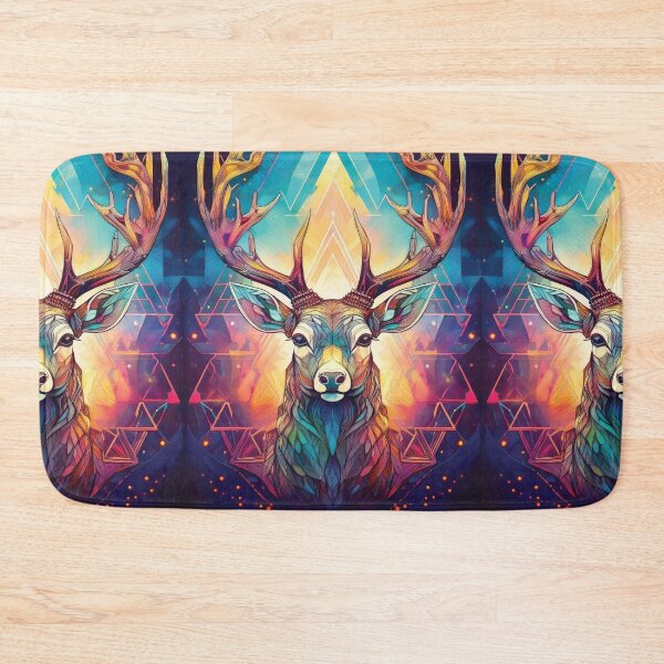 Item preview, Deer head in geometric patterns in multicolour on black background 2 designed and sold by navitalidesign.
