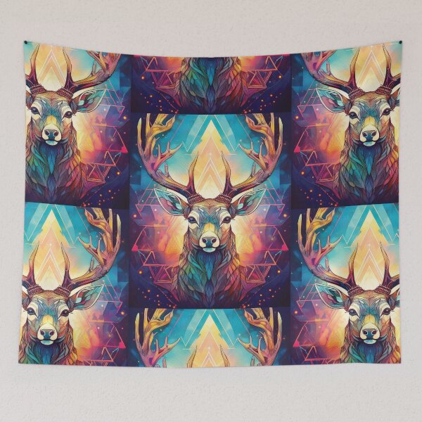Item preview, Deer head in geometric patterns in multicolour on black background 2 designed and sold by navitalidesign.