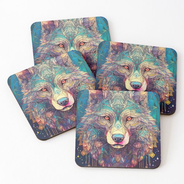 Item preview, Wolf in geometric patterns in multicolour jewels black background  designed and sold by navitalidesign.